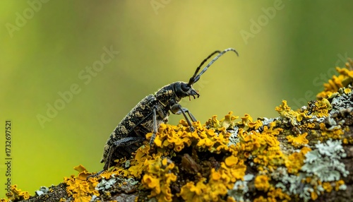 Fototapeta Naklejka Na Ścianę i Meble -  Close-up of a longhorn beetle on a tree branch with lichen