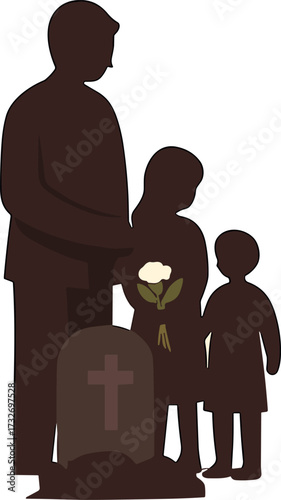 father, children, gravestone, cross, flowers, silhouette, mourning, remembrance, memorial, family, son, daughter, grave, cemetery, dark silhouette, white flower, solemn, sadness, funeral, bereavement,