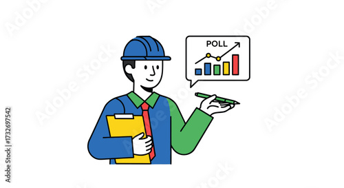 Male Engineer with Clipboard Analyzing a Poll Growth Chart.