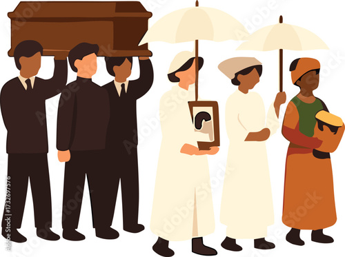 A funeral procession shows pallbearers carrying a coffin, followed by mourners holding umbrellas, a framed photo, and a drum in a solemn cultural tribute.