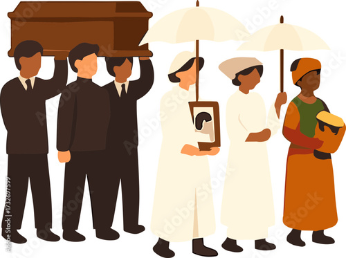 A funeral procession shows pallbearers carrying a coffin, followed by mourners holding umbrellas, a framed photo, and a drum in a solemn cultural tribute.