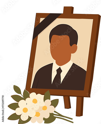 A framed memorial portrait of a man with a black ribbon and a bouquet of flowers symbolizes remembrance and respect during a funeral tribute.