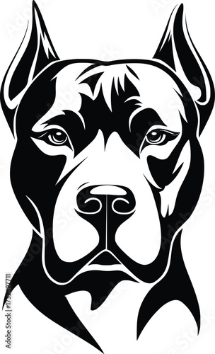 Dogo Argentino head silhouette with cropped ears, strong jaw, and intense gaze in black vector