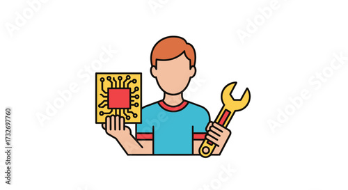 Illustration of a technician holding a microchip and a wrench.