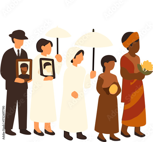 A diverse group of mourners in ceremonial attire walk in a funeral procession carrying portraits, umbrellas, flowers, and symbolic offerings.