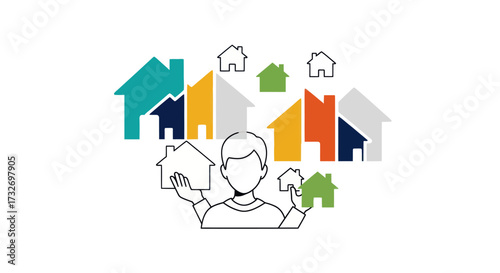 Person choosing a house from a variety of colorful options.