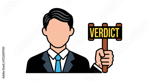 Illustration of a male judge holding a gavel with the word verdict.