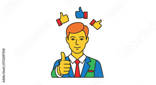 Cartoon businessman showing approval with thumbs up and like icons.