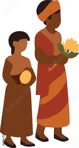 Two mourners in traditional attire participate in a funeral procession, carrying symbolic offerings of flowers and a round object.