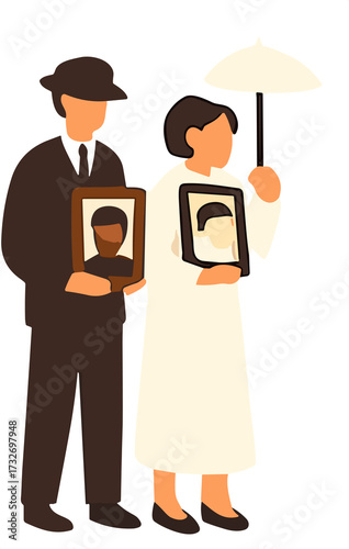 Two mourners in funeral attire hold framed portraits and an umbrella as part of a solemn remembrance procession.