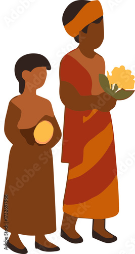 Two mourners in traditional attire participate in a funeral procession, carrying symbolic offerings of flowers and a round object.