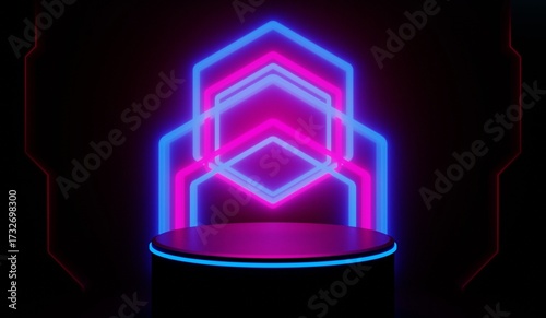 3d illustration rendering of y2k 2000s gaming technology futuristic fantasy metaverse cyberpunk sci-fi display podium pedestal stage room abstract background in neon-glow