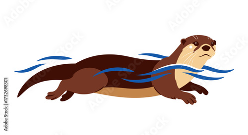 Vector illustration of a cute brown otter swimming in blue water.