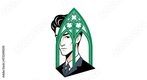 Illustration of a mysterious man framed by a green gothic arch.