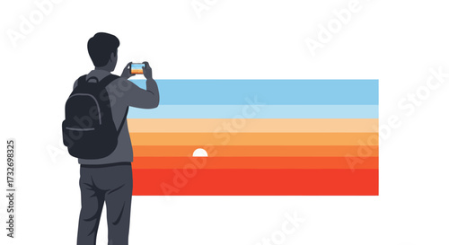 Man with a backpack taking a photo with his smartphone.