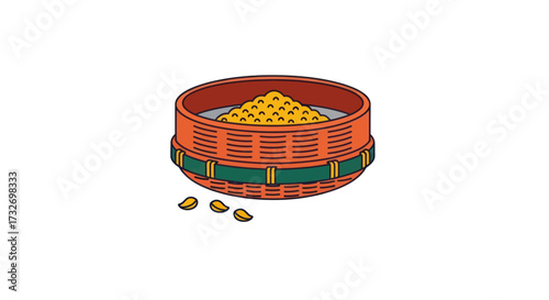 Hand drawn illustration of a traditional woven basket with corn kernels.