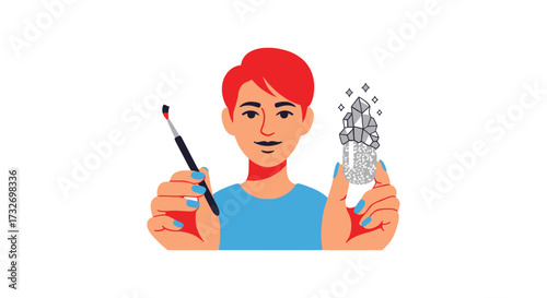 Creative person with red hair painting a miniature rocket model.