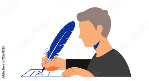 Faceless man writing on paper with a large blue quill pen.