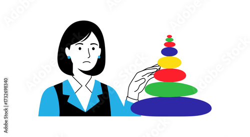 Businesswoman analyzing a colorful pyramid structure vector illustration.