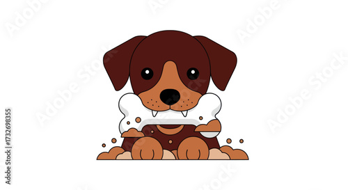 Cute brown cartoon puppy holding a big white bone.
