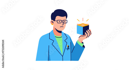 Scientist in a lab coat holding a mysterious glowing cube.