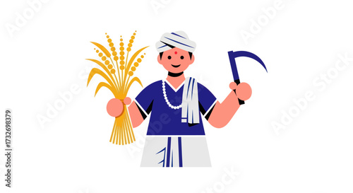 Happy Indian Farmer Holding Wheat and Sickle Illustration.