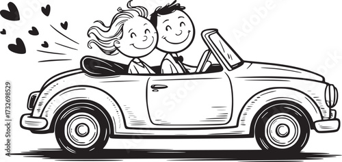 Wedding Ride with Hearts: A joyful newlywed couple embarks on their journey together, driving a classic convertible car, with love and excitement radiating from every line.