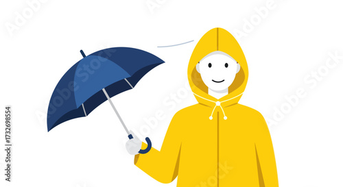 A person wearing a bright yellow raincoat holding a blue umbrella.