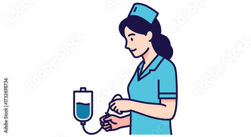 Cartoon illustration of a female nurse preparing an IV drip.