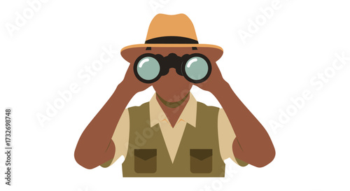 Adventurous man in a safari hat looking through binoculars.