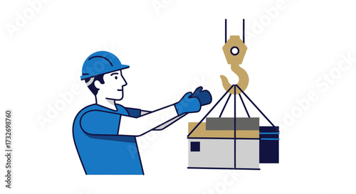 Illustrated construction worker guiding a heavy load with a crane.