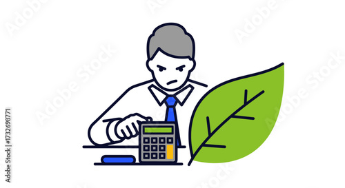 Businessman intensely calculating environmental business costs.