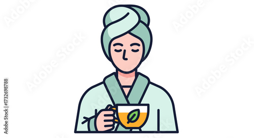 Woman in bathrobe and towel enjoying a cup of herbal tea.