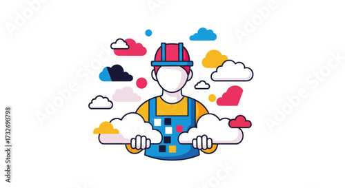 Cloud computing technician managing data services illustration.