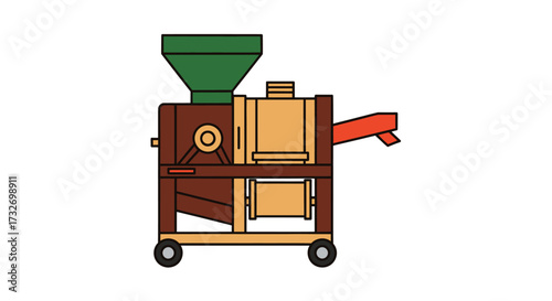 Vintage agricultural grain processing machine on wheels illustration.