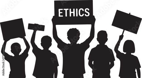 Silhouettes of people holding signs with the word ethics protest demonstration