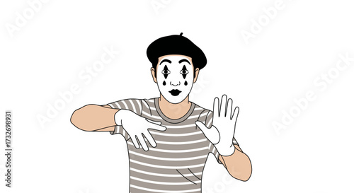 Illustration of a male mime artist performing a silent act.