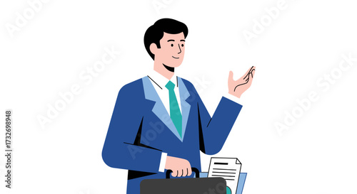 Young Businessman in a Blue Suit Holding a Briefcase and Documents.