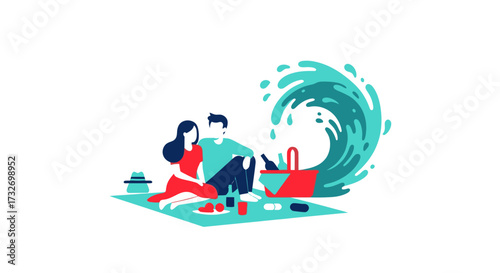 Man and woman on a date with an impending giant wave.