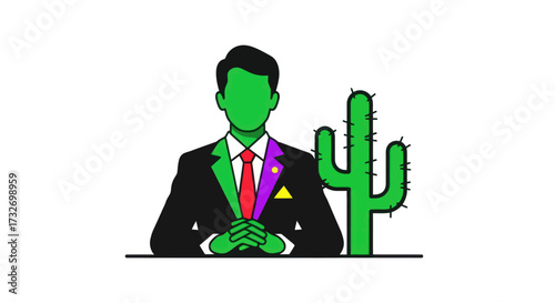 Green Skinned Businessman Illustration with a Cactus Plant.