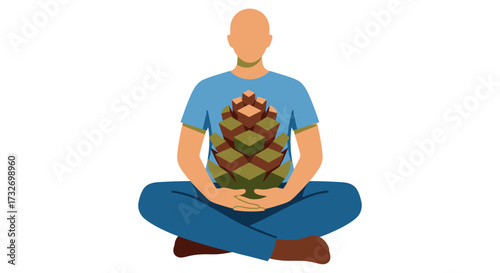 Calm father practicing meditation while holding a newborn baby.