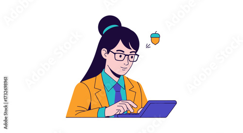 Professional woman with glasses and ponytail working on a laptop.