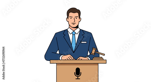 Authoritative man in a blue suit standing behind a podium with a gavel.