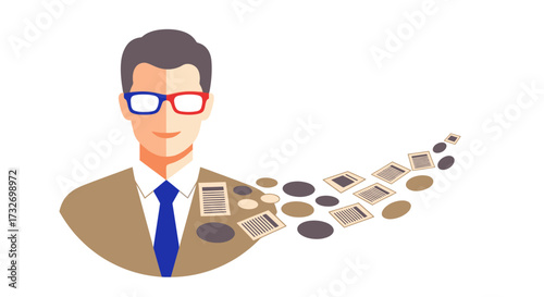 Vector illustration of a businessman with a stream of digital information.