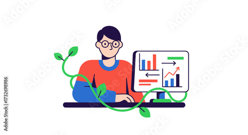Data analyst monitoring sustainable business growth on a computer.