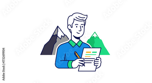 Cartoon man holding a pen and paper for review.