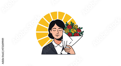 Elegant woman with closed eyes holding a beautiful bouquet of roses.