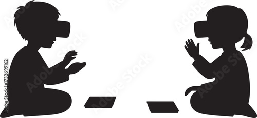 Two children silhouettes wearing virtual reality headsets and interacting with technology VR headset