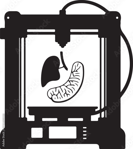 Black silhouette of a 3 D printer creating a human stomach and liver 3d printer printing