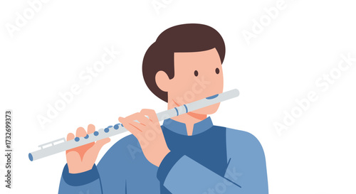 Vector illustration of a young man playing a classical flute.
